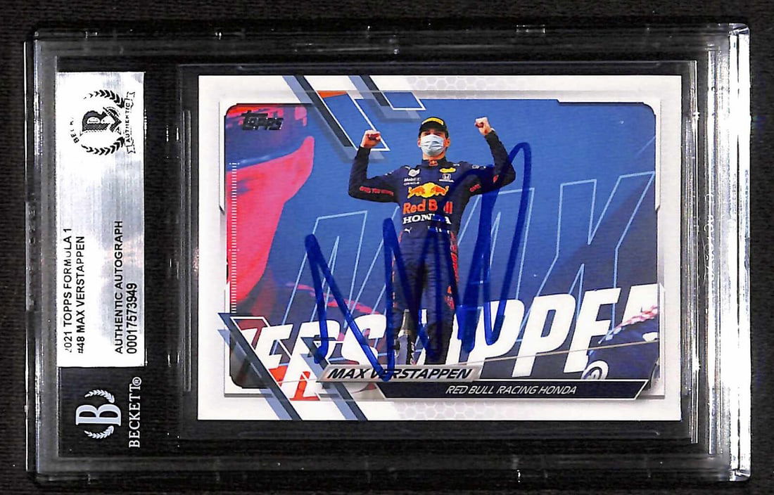 2021 Topps Formula 1 Card #48 Max Verstappen Autograph Beckett Authenticated: 2021 Topps Formula 1 Card #48 Max Verstappen Autograph Beckett Authenticated This is an original 2021 Topps Formula 1 #48 sports trading card, featuring a blue permanent marker autograph by Max Versta