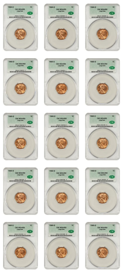 15 Uncirculated 1960-D Lincoln Cents CACG MS64RD Lot (1 of 2)