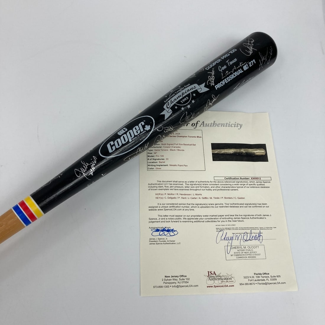1993 Toronto Blue Jays Signed Bat with JSA COA by 33 Players: 1993 Toronto Blue Jays Signed Bat with JSA COA by 33 Players Celebrate the 1993 Toronto Blue Jays' World Series victory with this commemorative Cooper Pro 100 baseball bat, signed by thirty-three memb