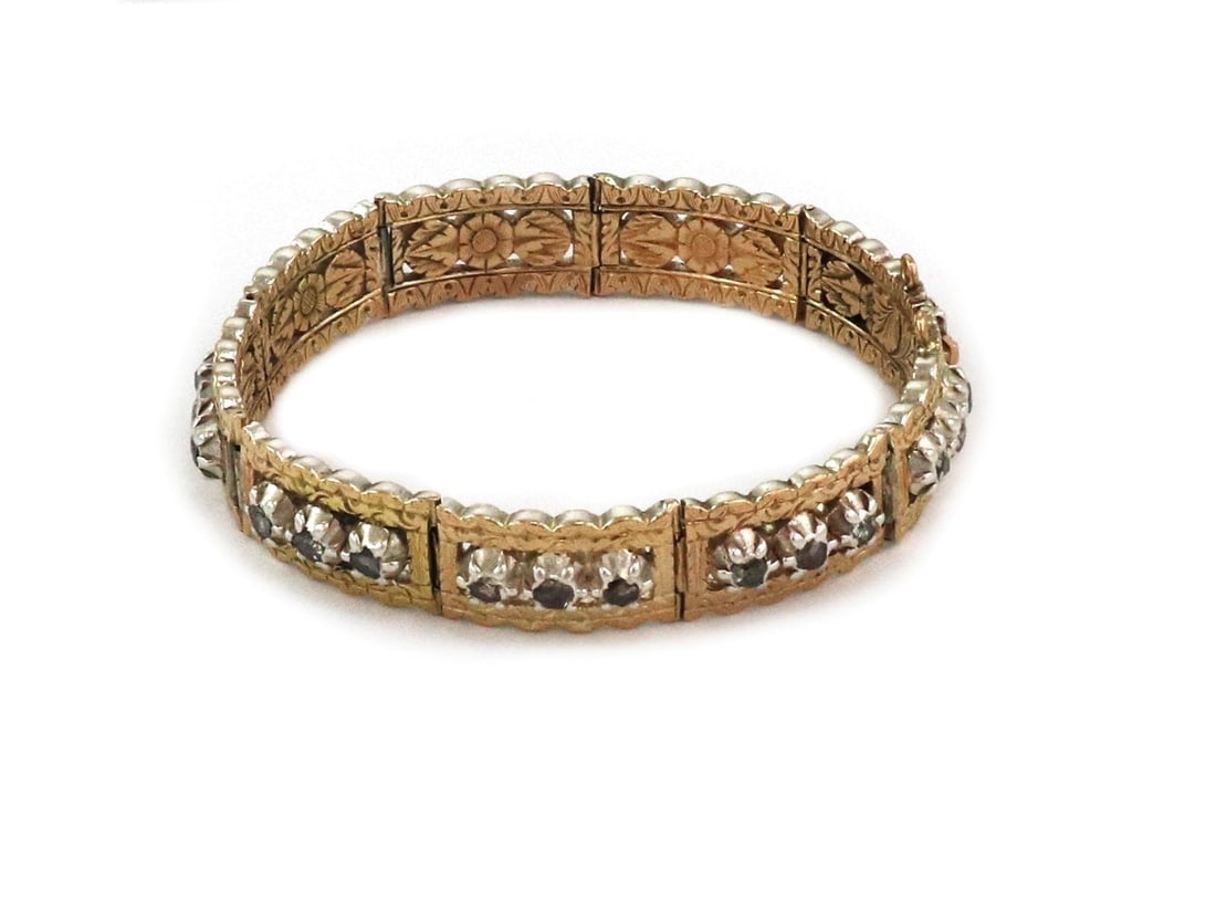Edwardian Floral Etched 14k Gold Bracelet with 1.80ct Rose Cut Diamonds: Edwardian Floral Etched 14k Gold Bracelet with 1.80ct Rose Cut Diamonds Experience the elegance of the Edwardian Era with this exquisite bracelet, meticulously crafted from 14k yellow and white gold.