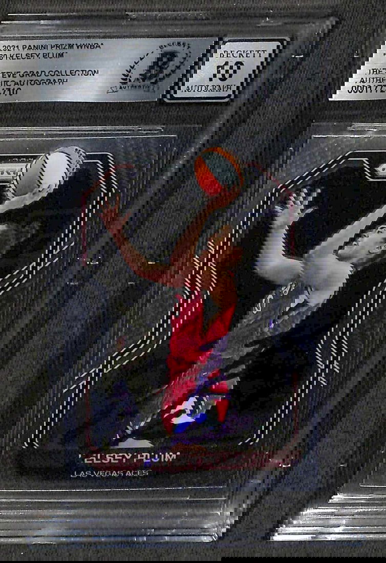 2021 Panini Prizm #60 Kelsey Plumb Signed Card AUTO 10 Beckett: 2021 Panini Prizm #60 Kelsey Plumb Signed Card AUTO 10 Beckett This is a signed 2021 Panini Prizm #60 sports trading card featuring Kelsey Plumb of the Las Vegas Aces. The card showcases a blue perman