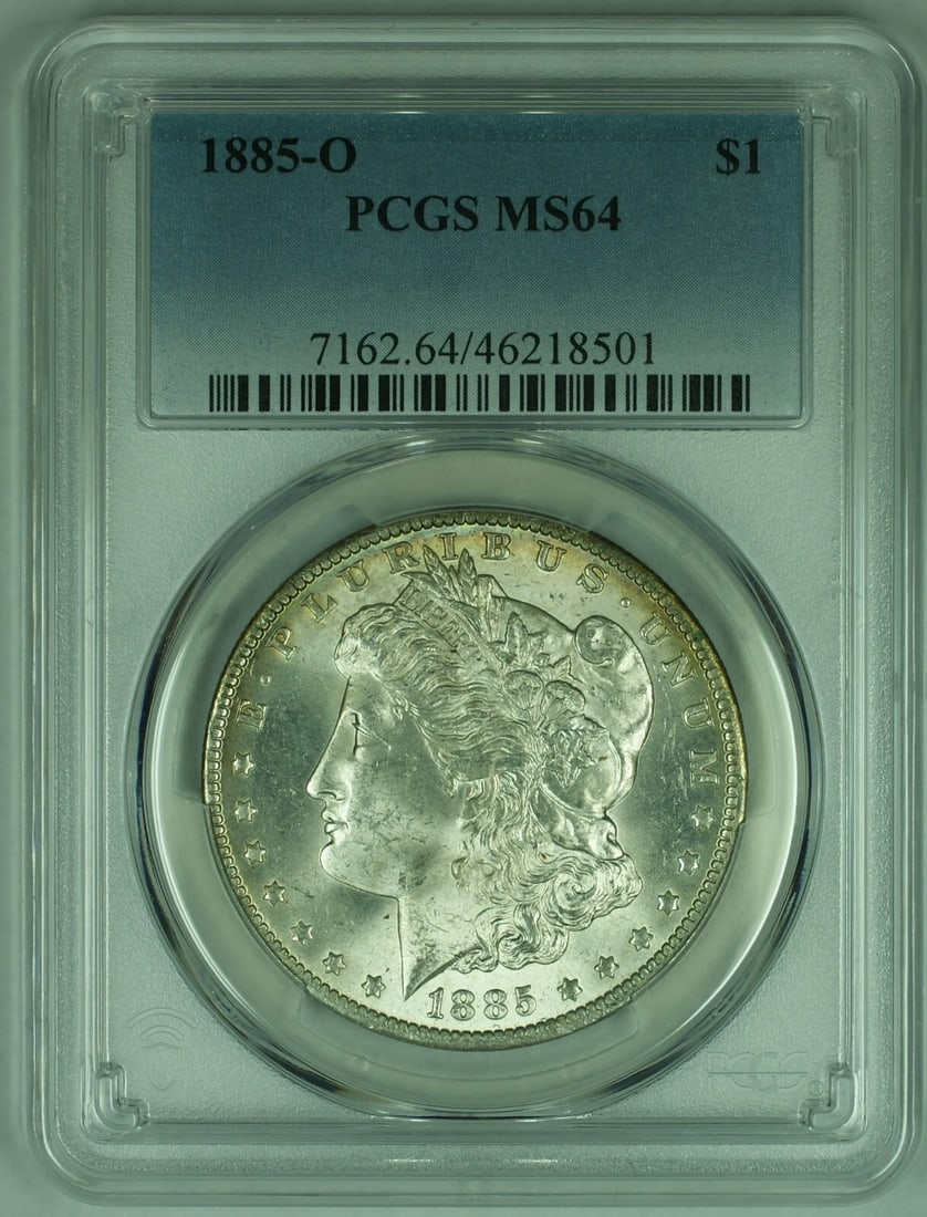 PCGS MS64 1885-O Morgan Silver Dollar With Rim Toning: PCGS MS64 1885-O Morgan Silver Dollar With Rim Toning This 1885-O Morgan Silver Dollar is graded MS-64 by PCGS and features attractive rim toning. Minted in New Orleans, this uncirculated coin is comp
