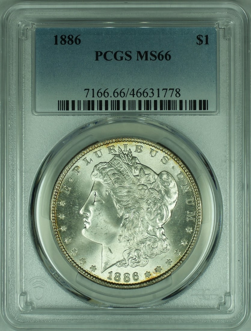 PCGS MS-66 1886 Morgan Dollar Silver Coin Philadelphia Mint: PCGS MS-66 1886 Morgan Dollar Silver Coin Philadelphia Mint This 1886 Morgan Silver Dollar is certified by PCGS with a grade of MS-66. The coin is uncirculated, features nice toning on the reverse, an