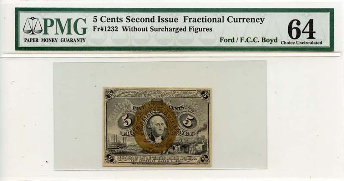 PMG Certified Second Issue 5 Cents Fractional Currency Fr# 1232 MS64: PMG Certified Second Issue 5 Cents Fractional Currency Fr# 1232 MS64 This is a Second Issue 5 Cents Fractional Currency, designated as Fr# 1232. It has been graded by PMG with a certification number o