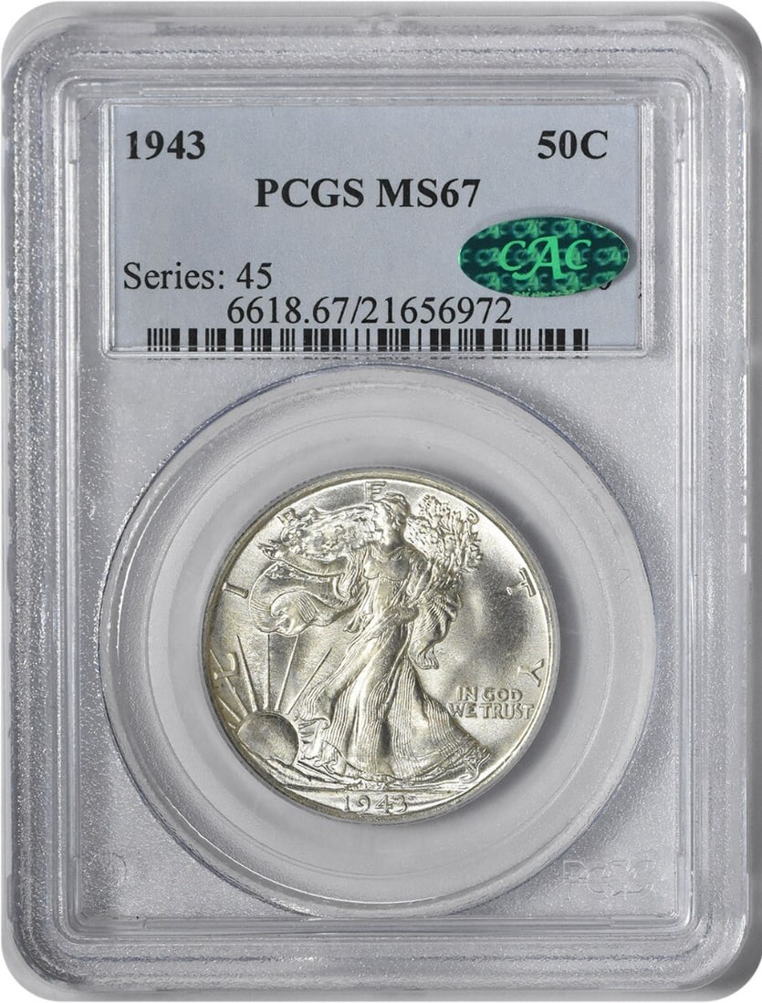 PCGS MS67 CAC 1943 Liberty Walking Half Dollar 90% Silver: PCGS MS67 CAC 1943 Liberty Walking Half Dollar 90% Silver This is a 1943 Walking Liberty Half Dollar from the United States, graded MS67 by PCGS and certified by CAC. The coin is uncirculated and feat