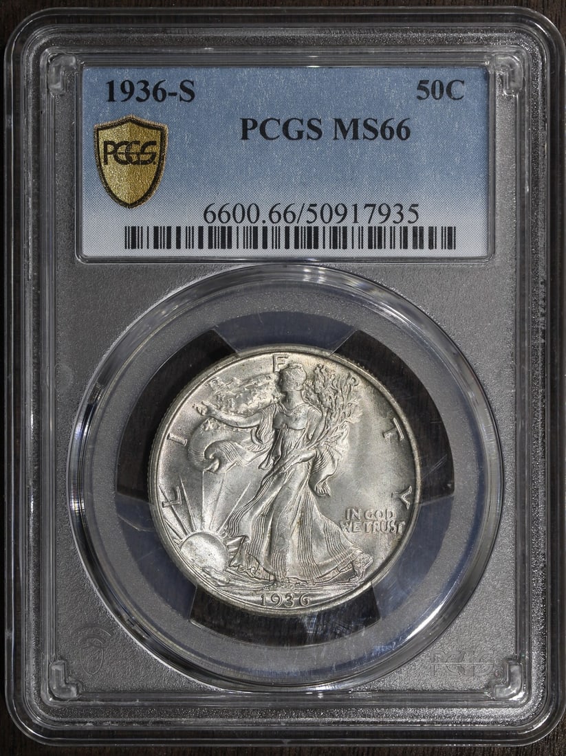 PCGS MS66 1936-S Walking Liberty Silver Half Dollar 50C San Francisco: PCGS MS66 1936-S Walking Liberty Silver Half Dollar 50C San Francisco This is a 1936-S Walking Liberty Half Dollar graded MS66 by PCGS. Minted in San Francisco, this uncirculated coin features a denom