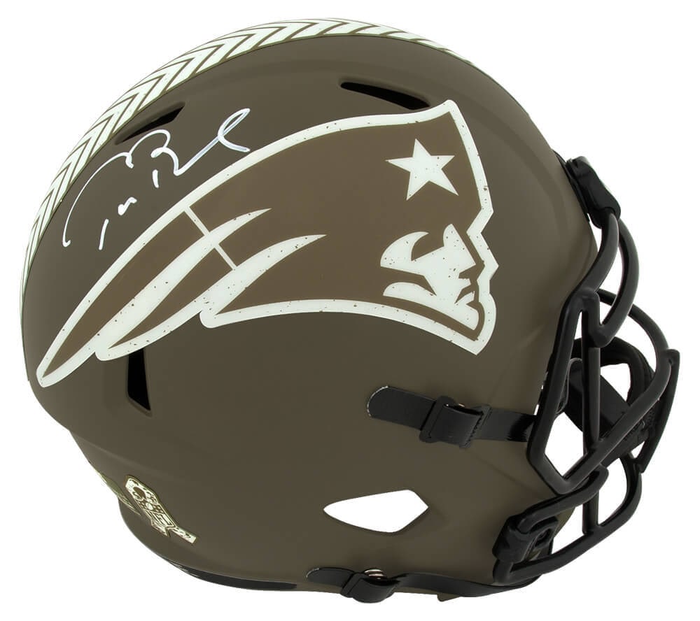 Tom Brady Signed New England Patriots Salute Helmet with Fanatics COA: Tom Brady Signed New England Patriots Salute Helmet with Fanatics COA This is a Tom Brady signed New England Patriots Salute to Service Riddell full-size speed replica helmet, an essential collectible