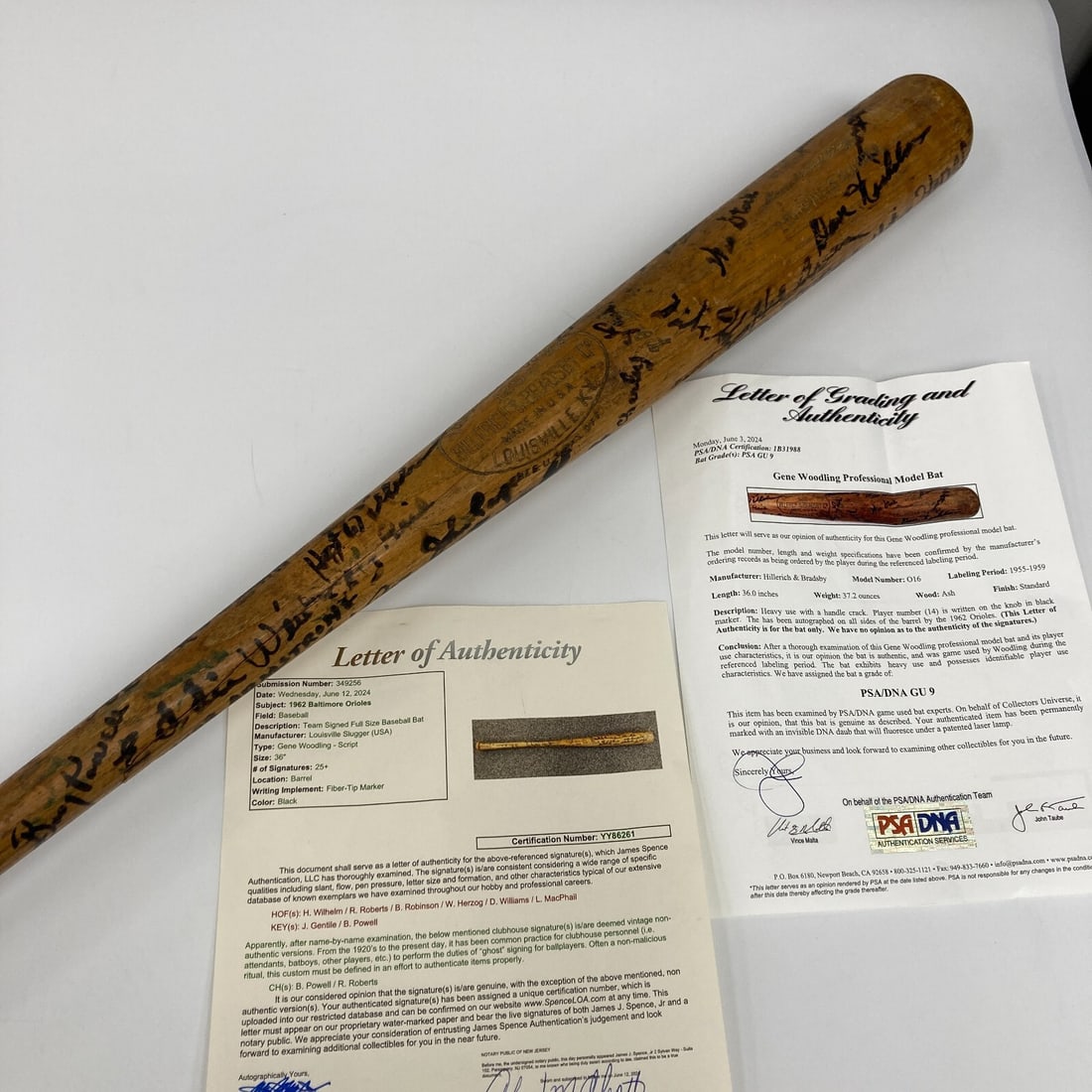 1962 Baltimore Orioles Team Signed Gene Woodling Game Used Bat PSA 9 JSA COA: 1962 Baltimore Orioles Team Signed Gene Woodling Game Used Bat PSA 9 JSA COA This extraordinary piece of baseball memorabilia features a Gene Woodling game-used bat, signed by members of the legendary
