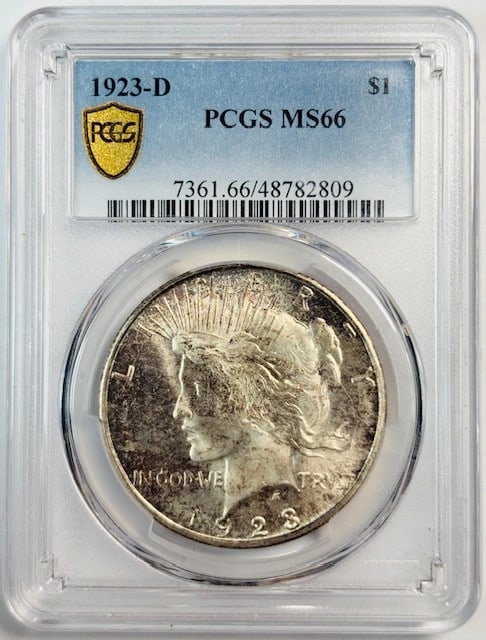 PCGS MS66 1923 Denver Mint Silver Peace Dollar Coin: PCGS MS66 1923 Denver Mint Silver Peace Dollar Coin This 1923 Peace Dollar was minted in Denver and is composed of silver. It has been certified by PCGS with a grade of MS 66, indicating its uncircula