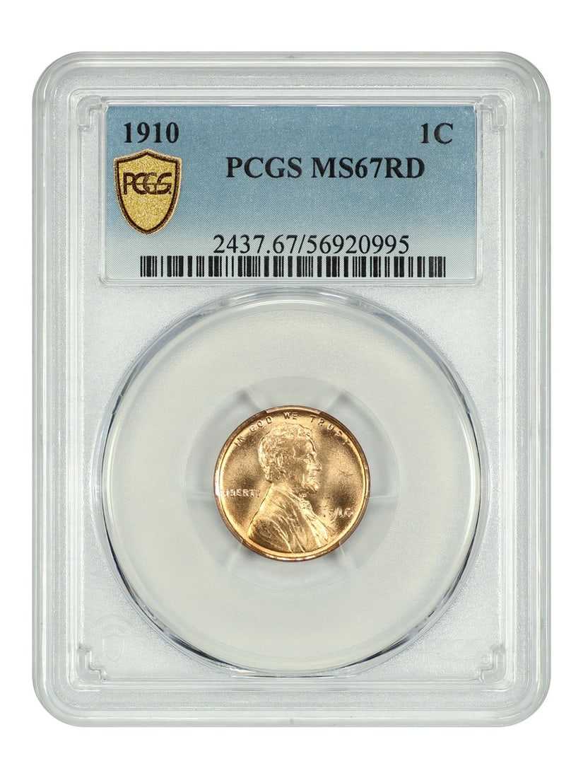 1910 Lincoln Wheat Cent PCGS MS67RD Philadelphia Red Uncirculated: 1910 Lincoln Wheat Cent PCGS MS67RD Philadelphia Red Uncirculated This 1910 Lincoln Cent (Wheat Reverse) is graded MS67RD by PCGS, indicating an uncirculated coin with a full red designation. Struck i