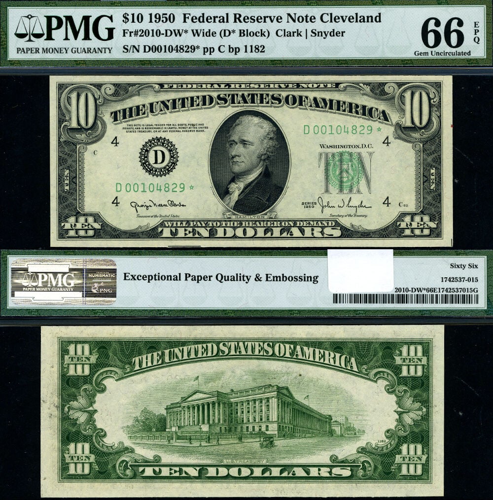 1950 D-Star Block $10 Federal Reserve Note Cleveland PMG CU66 EPQ (1 of 3)