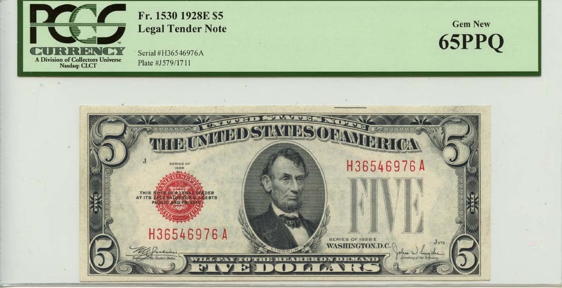 PCGS Gem 65 PPQ 1928E Five Dollar Red Seal Legal Tender Note: PCGS Gem 65 PPQ 1928E Five Dollar Red Seal Legal Tender Note This is a 1928 $5 Legal Tender Note, graded MS65 Gem Uncirculated by PCGS Currency. It features a red seal and is designated as Fr# 1529. T