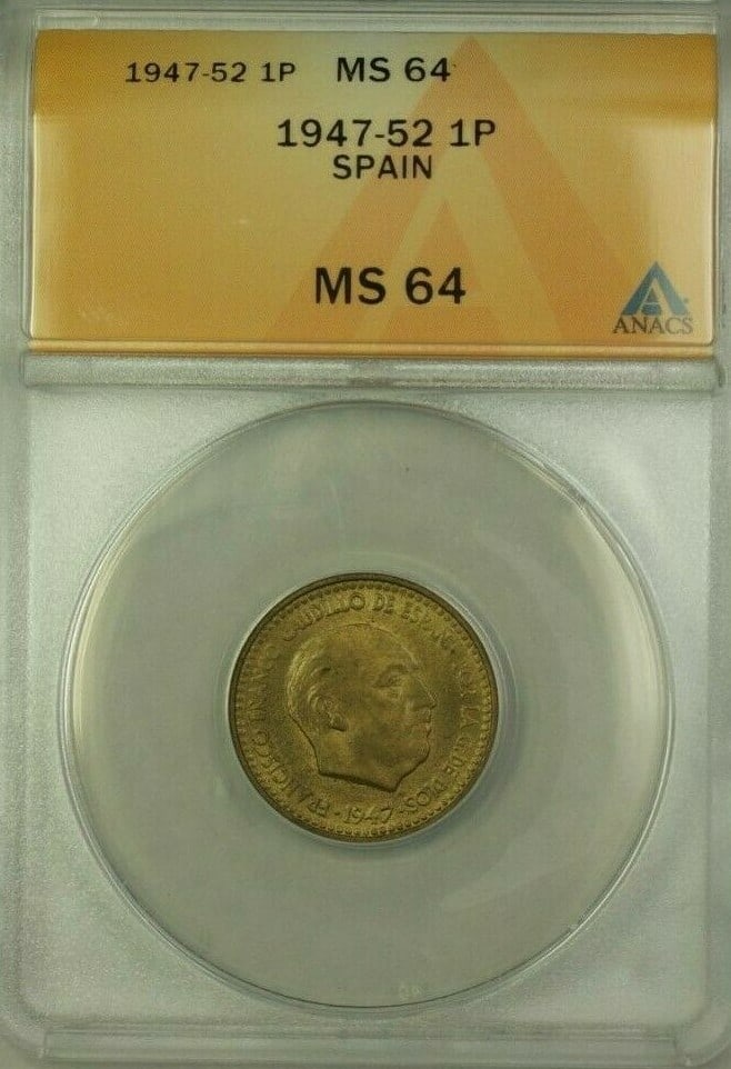 ANACS MS 64 Spain 1 Peseta Coin 1947-52 Issue: ANACS MS 64 Spain 1 Peseta Coin 1947-52 Issue This is a Spain 1 Peseta coin from the years 1947-1952, certified by ANACS with a grade of MS 64. The coin is pre-owned and features the denomination of 1