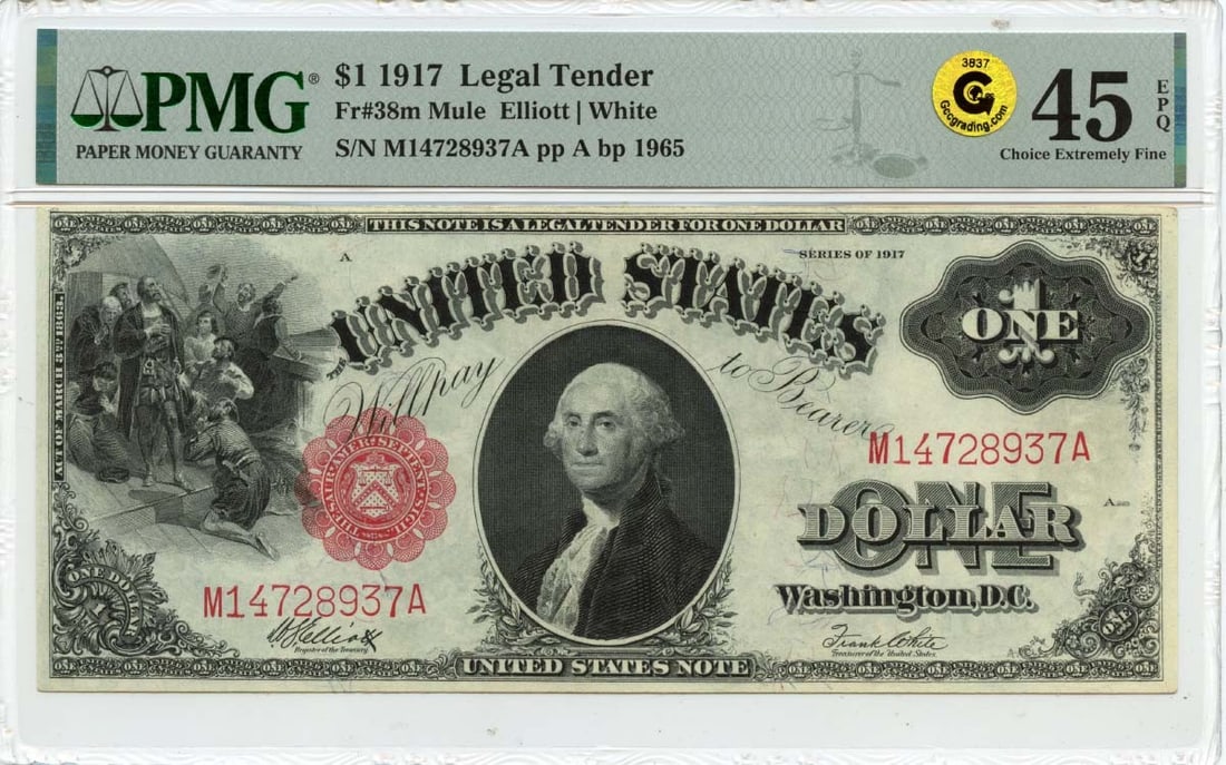 1917 $1 Legal Tender Mule Note PMG XF45 EPQ Gold (1 of 2)