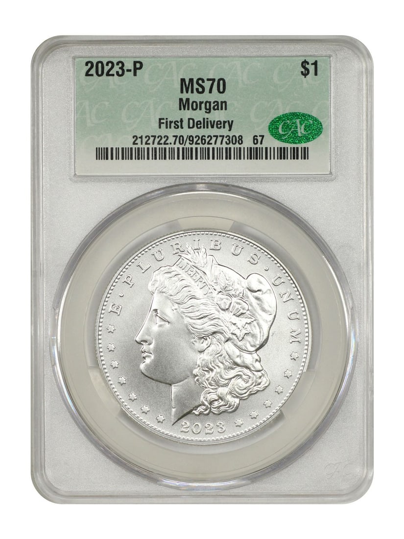 CACG MS70 2023 Philadelphia Morgan Silver Dollar First Delivery: CACG MS70 2023 Philadelphia Morgan Silver Dollar First Delivery This is a 2023-P Morgan Dollar, certified by CACG with a perfect MS70 grade. Struck at the Philadelphia Mint, this uncirculated coin bel