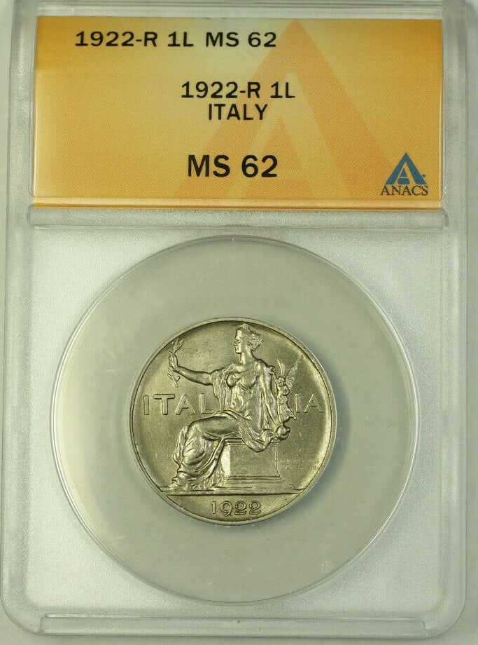 Italy 1922-R 1 Lira Nickel Coin ANACS MS 62 Certified: Italy 1922-R 1 Lira Nickel Coin ANACS MS 62 Certified This is a 1922-R Italy 1 Lira coin composed of nickel. The coin is uncirculated and has been certified by ANACS with a grade of MS 62. It originat