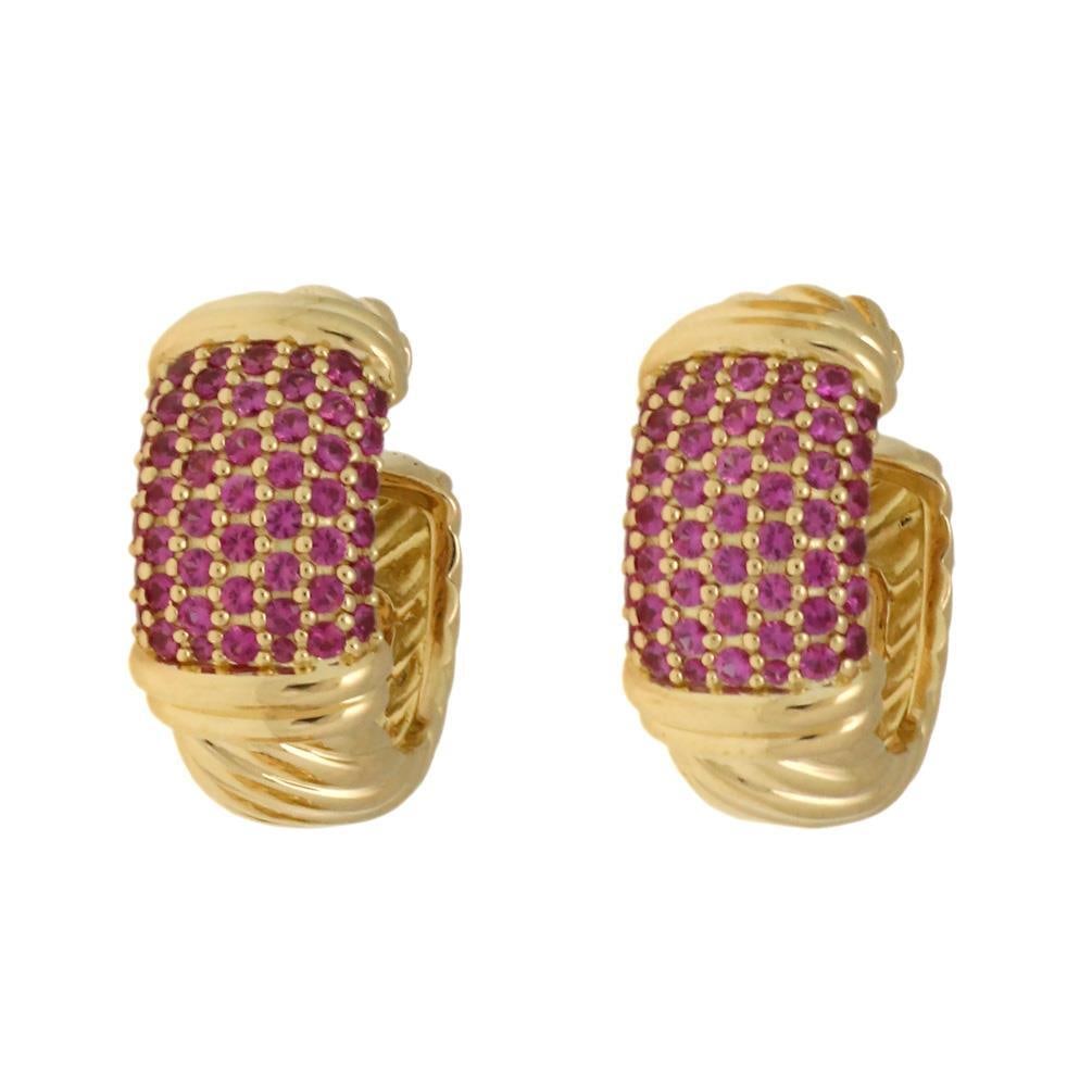 David Yurman 18k Yellow Gold Pink Sapphire Hoop Earrings: David Yurman 18k Yellow Gold Pink Sapphire Hoop Earrings Elevate your style with these exquisite David Yurman hoop earrings, crafted from luxurious 18k yellow gold featuring a polished finish. Designe