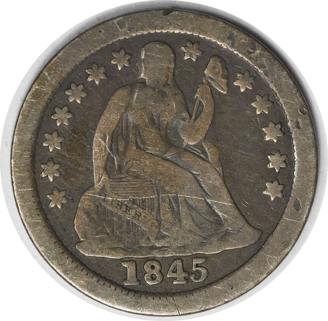 1845-O Liberty Seated Dime Silver 90% Christian Gobrecht Design: 1845-O Liberty Seated Dime Silver 90% Christian Gobrecht Design This 1845-O Liberty Seated Silver Dime is a remarkable piece of numismatic history, showcasing the artistry of designer Christian Gobrec