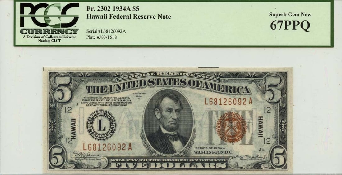 1934A $5 Hawaii WWII Emergency Issue Fr# 2302 PCGS MS67 PPQ: 1934A $5 Hawaii WWII Emergency Issue Fr# 2302 PCGS MS67 PPQ This 1934A $5 Hawaii note is a remarkable piece from the WWII Emergency Issue series, designated as Fr# 2302. It has been graded by PCGS as