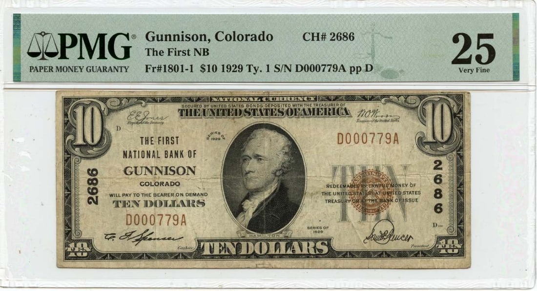 1929 $10 First National Bank Gunnison Colorado FR1801-1 PMG VF25 (1 of 2)
