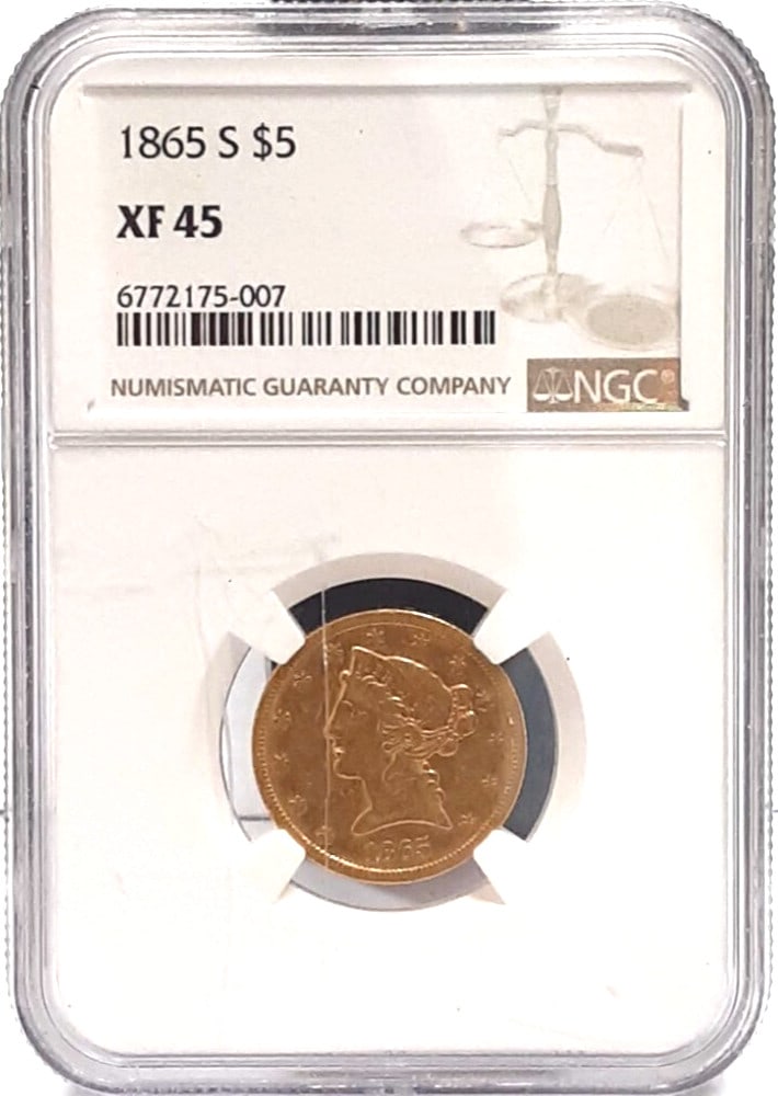 NGC XF-45 1865-S Liberty Head $5 Gold Half Eagle Scarce San Francisco Mint: NGC XF-45 1865-S Liberty Head $5 Gold Half Eagle Scarce San Francisco Mint This 1865-S Liberty Head $5 Half Eagle gold coin is graded XF-45 by NGC. Struck at the San Francisco Mint, it is a scarce dat