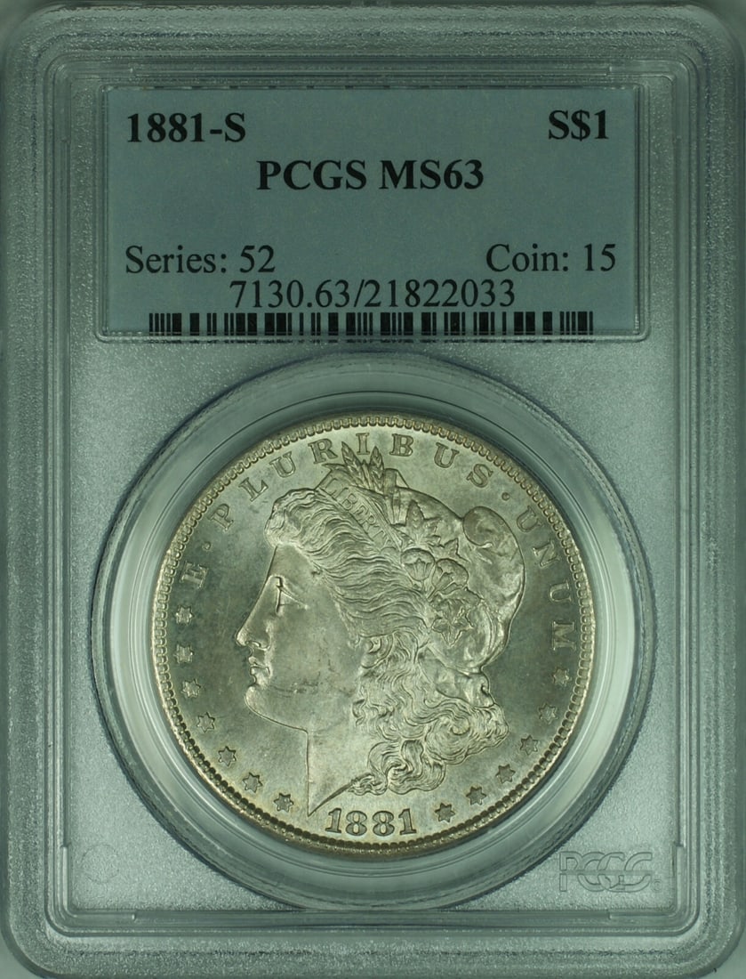 PCGS MS63 1881 San Francisco Morgan Dollar Silver Coin: PCGS MS63 1881 San Francisco Morgan Dollar Silver Coin This is an 1881 Morgan Silver Dollar coin minted in San Francisco. Certified by PCGS with a grade of MS 63, this un-used, pre-owned coin features