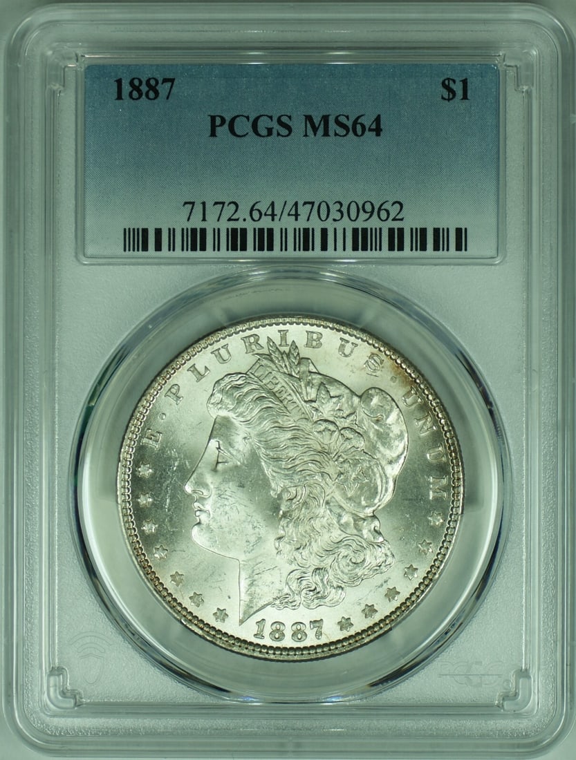 PCGS MS 64 1887 Morgan Dollar Philadelphia Silver Coin: PCGS MS 64 1887 Morgan Dollar Philadelphia Silver Coin This 1887 Morgan Silver Dollar coin from the United States is graded MS-64 by PCGS. Minted in Philadelphia, it is composed of 90% silver and rema