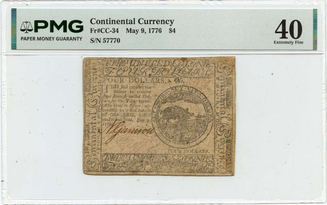 May 9 1776 Four Dollar Continental Currency PMG XF40 FR CC-34 Note (1 of 2)