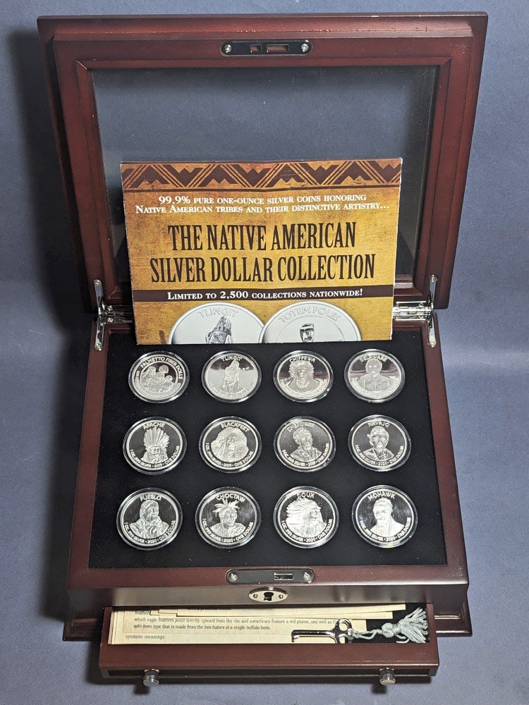 Set of 12 One Ounce 999 Silver Native American Dollar Coins: Set of 12 One Ounce 999 Silver Native American Dollar Coins This Native American Silver Dollar Collection features 12 uncirculated proof coins, each crafted from 1 ounce of .999 fine silver. The coins