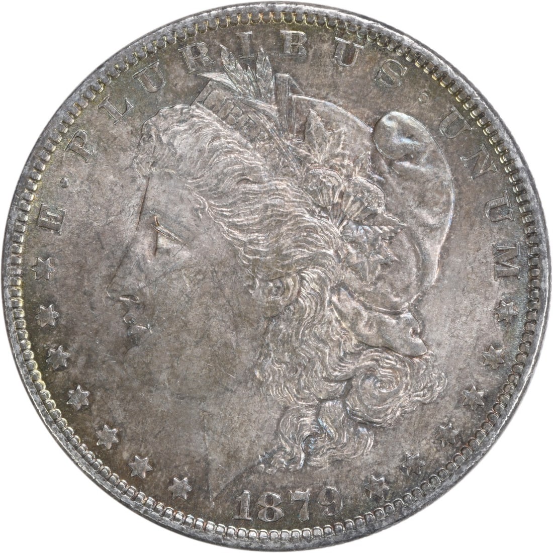 1879-O Morgan Silver Dollar Gunmetal Toning Uncertified Coin: 1879-O Morgan Silver Dollar Gunmetal Toning Uncertified Coin This 1879-O Morgan Silver Dollar showcases stunning gunmetal toning, a hallmark of its beauty. It is classified as uncirculated and holds a