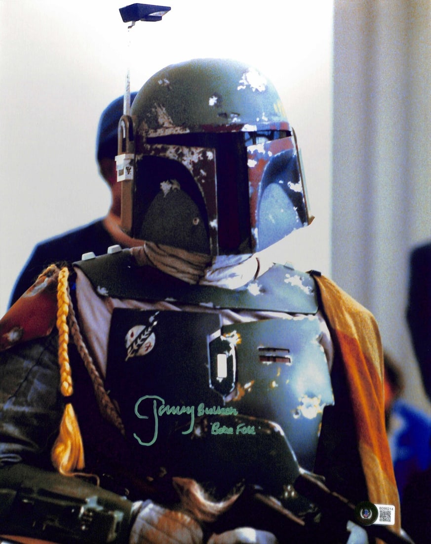 Jeremy Bulloch Autographed Boba Fett 11x14 Photo Beckett Certified: Jeremy Bulloch Autographed Boba Fett 11x14 Photo Beckett Certified This is an original 11x14 photograph from Star Wars: The Empire Strikes Back, featuring Boba Fett. The photograph is signed in green