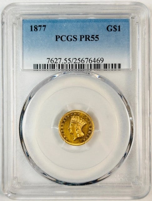 Proof 1877 Indian Princess Large Head Gold Dollar PCGS PR55 Philadelphia: Proof 1877 Indian Princess Large Head Gold Dollar PCGS PR55 Philadelphia This is an 1877 P Indian Princess Large Head Gold Dollar, graded PR-55 by PCGS. Struck as a proof at the Philadelphia Mint, thi