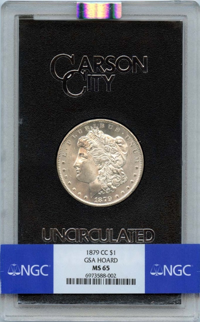 NGC MS65 1879 Carson City Morgan Silver Dollar from GSA Hoard: NGC MS65 1879 Carson City Morgan Silver Dollar from GSA Hoard This is an 1879-CC Morgan Dollar from the GSA Hoard, certified by NGC with a grade of MS65. The coin is uncirculated and originates from t