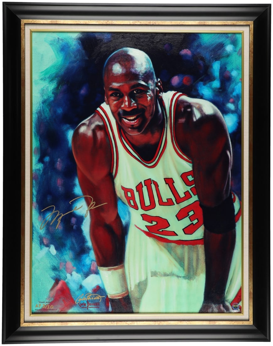 Michael Jordan Signed Court Jester Lithograph 3/10 Beckett Authenticated: Michael Jordan Signed Court Jester Lithograph 3/10 Beckett Authenticated This striking framed lithograph, titled "Court Jester," features a stunning artist proof by Carlo Beninati, beautifully signed