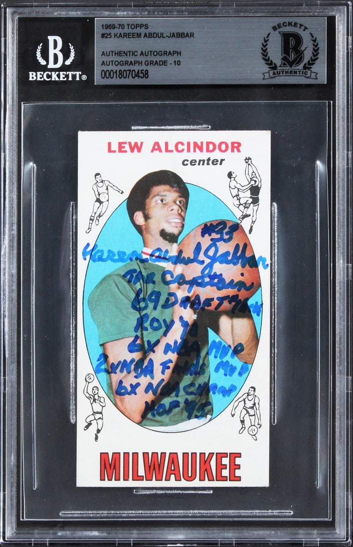 Kareem Abdul-Jabbar Signed 1969 Topps Rookie Card Gem Mint 10 BAS: Kareem Abdul-Jabbar Signed 1969 Topps Rookie Card Gem Mint 10 BAS This stunning 1969 Topps #25 rookie card features the legendary Kareem Abdul-Jabbar, personally signed and graded Gem Mint 10 by Becke