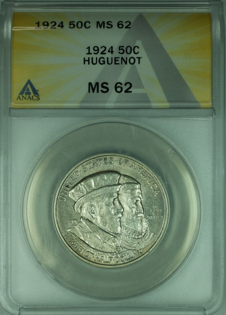 1924 Huguenot Silver 50 Cent Commemorative ANACS MS 62 Philadelphia Coin: 1924 Huguenot Silver 50 Cent Commemorative ANACS MS 62 Philadelphia Coin This is a 1924 Huguenot Commemorative Half Dollar coin from the United States, certified by ANACS with a grade of MS 62. Struck