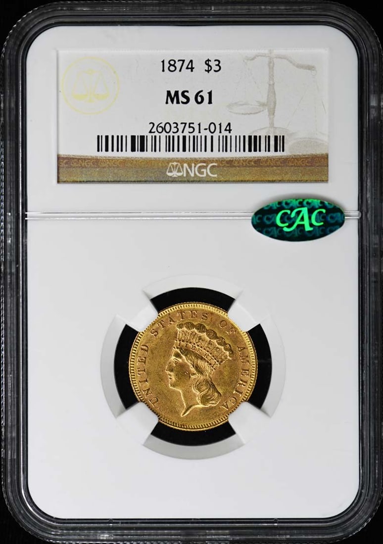 NGC MS61 CAC 1874 Three Dollar Gold Coin from Philadelphia: NGC MS61 CAC 1874 Three Dollar Gold Coin from Philadelphia This 1874 Three Dollar coin is certified by NGC with a grade of MS61 and features CAC approval. Minted in Philadelphia, this uncirculated coi