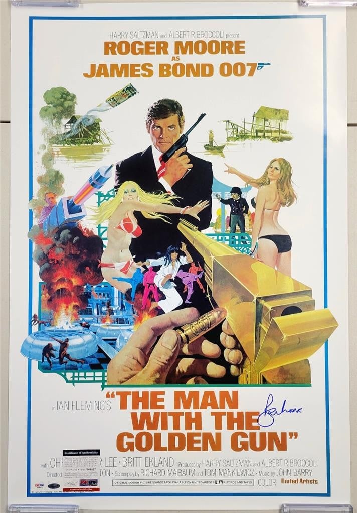 24x36 Poster Signed by Roger Moore from The Man With the Golden Gun: 24x36 Poster Signed by Roger Moore from The Man With the Golden Gun This is an original 24x36 inch movie poster for "The Man With the Golden Gun," signed by Roger Moore. The autograph is authenticated