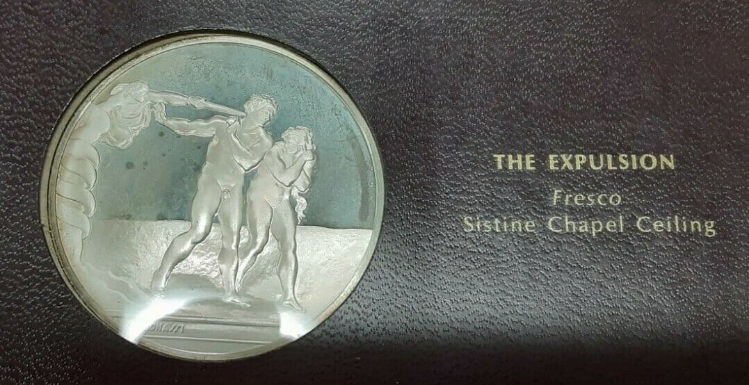 The Expulsion Sterling Silver Medal Genius of Michelangelo Series: The Expulsion Sterling Silver Medal Genius of Michelangelo Series This Franklin Mint Genius of Michelangelo proof medal, titled "The Expulsion," was produced in 1970 as part of the Michelangelo silver