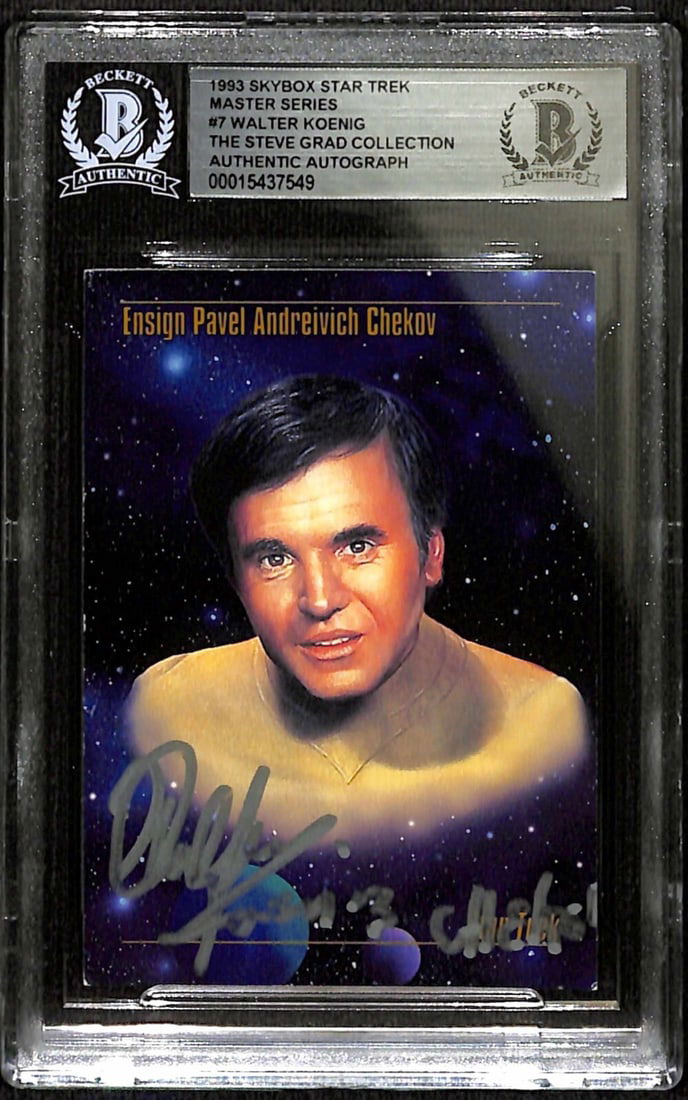Walter Koenig Signed 1993 Skybox Star Trek Chekov Card BECKETT Authenticated: Walter Koenig Signed 1993 Skybox Star Trek Chekov Card BECKETT Authenticated This is a signed 1993 Skybox Star Trek Master Series #7 trading card featuring Walter Koenig as Pavel Chekov. The card is a