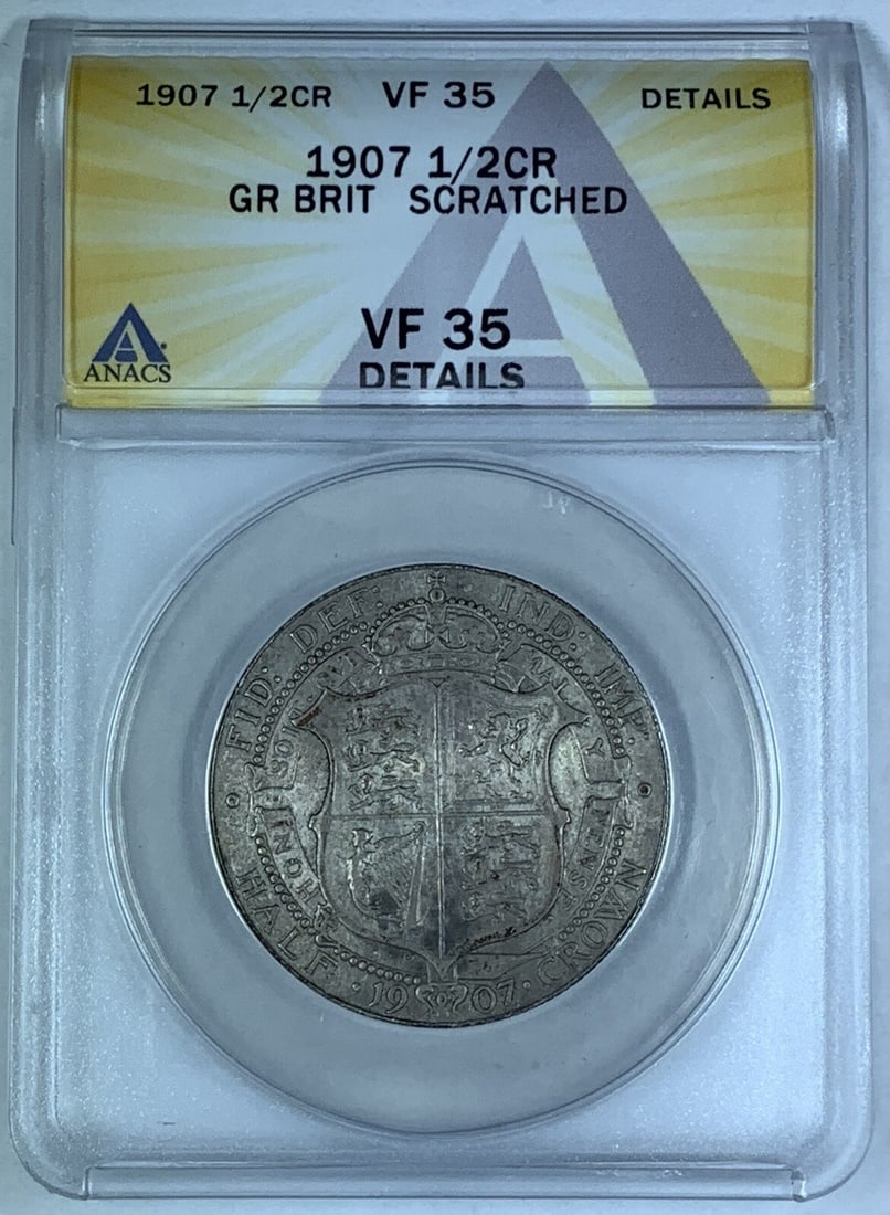 1907 United Kingdom Half Crown ANACS VF 35 Certified Coin: 1907 United Kingdom Half Crown ANACS VF 35 Certified Coin This 1907 Half Crown coin from Great Britain is certified by ANACS with a grade of VF 35. It is a pre-owned collectible featuring the denomina