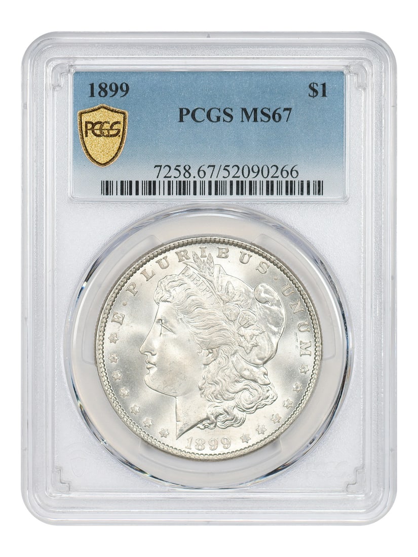 PCGS MS67 Graded 1899 Morgan Silver Dollar Philadelphia Mint $1 Coin: PCGS MS67 Graded 1899 Morgan Silver Dollar Philadelphia Mint $1 Coin This is an 1899 Morgan Dollar graded MS67 by PCGS, struck at the Philadelphia Mint. The coin is uncirculated and features a blast w