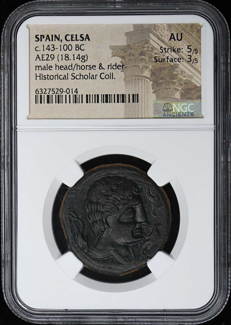 Celsa Ancient Greek Coin c.143-100 BC NGC AU50 Horse Rider: Celsa Ancient Greek Coin c.143-100 BC NGC AU50 Horse Rider This ancient Greek coin from Celsa, Spain, dating back to approximately 143-100 BC, features a striking depiction of a horse rider, symbolizi