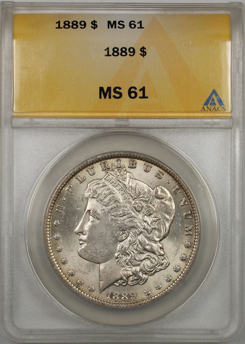 Uncirculated 1889 $1 Morgan Silver Dollar ANACS MS61 Philadelphia Mint: Uncirculated 1889 $1 Morgan Silver Dollar ANACS MS61 Philadelphia Mint This 1889 Morgan Silver Dollar is an uncirculated coin certified by ANACS with a grade of MS 61. Minted in Philadelphia, it is co