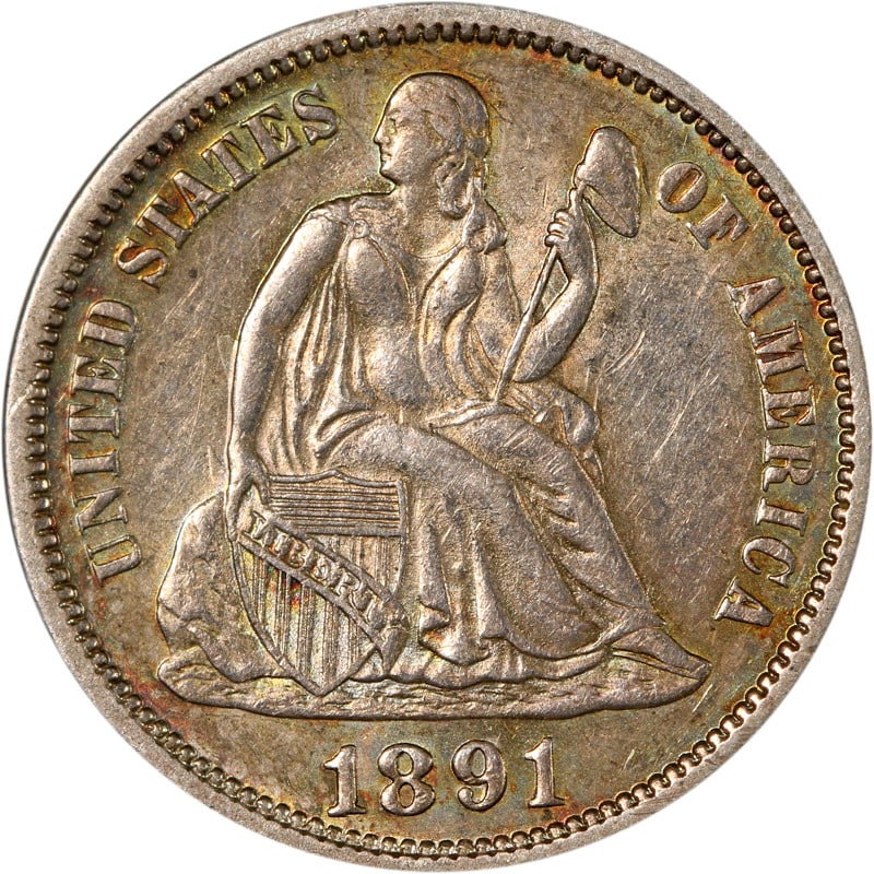 1891 Philadelphia Mint Silver Seated Liberty Dime Coin United States: 1891 Philadelphia Mint Silver Seated Liberty Dime Coin United States This 1891-P Seated Liberty Dime is a circulated silver coin minted in Philadelphia. It originates from the United States and remain