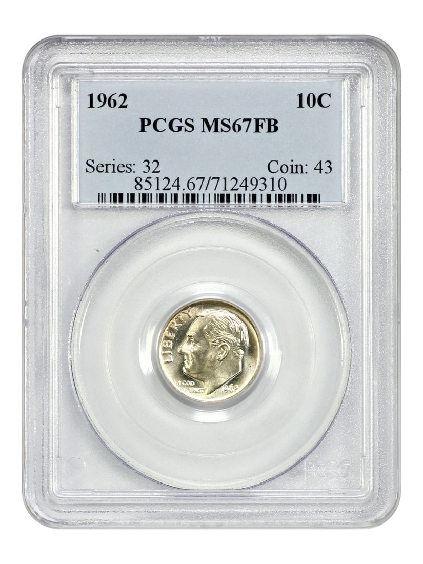 PCGS MS67FB 1962 Roosevelt Dime 10C Uncirculated Philadelphia: PCGS MS67FB 1962 Roosevelt Dime 10C Uncirculated Philadelphia This 1962 Roosevelt Dime is a 10-cent coin graded MS67FB by PCGS, indicating a superb uncirculated condition with Full Bands. The coin was