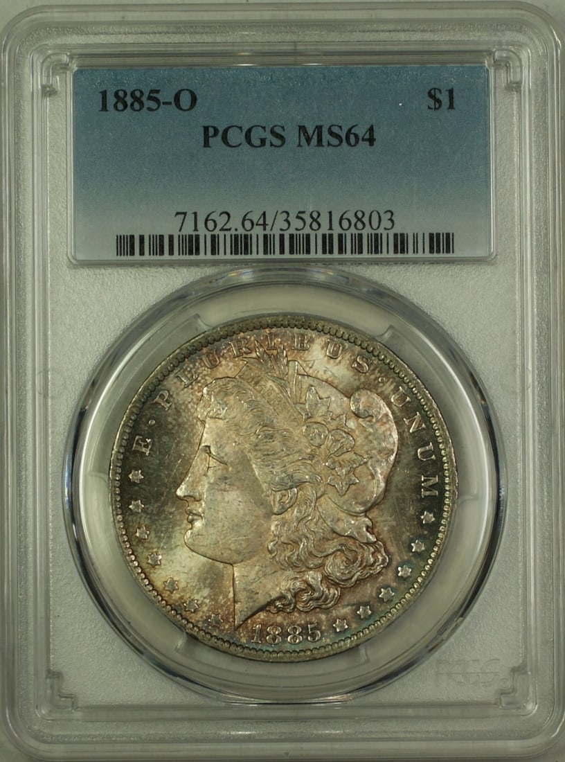 PCGS MS 64 1885 New Orleans Morgan Dollar Silver Coin Toned: PCGS MS 64 1885 New Orleans Morgan Dollar Silver Coin Toned This 1885-O Morgan Silver Dollar features a $1 denomination and is certified by PCGS with a grade of MS-64. Struck at the New Orleans Mint,
