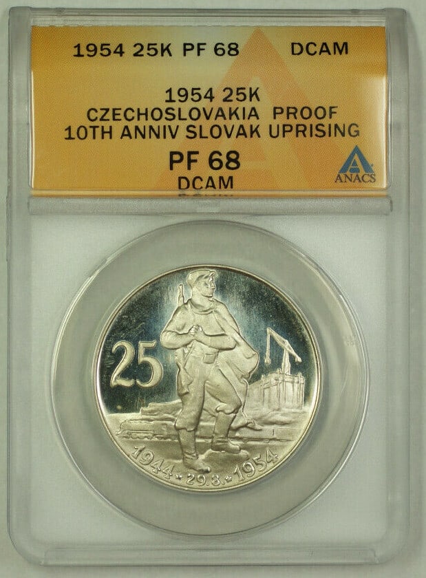 ANACS PF 68 1954 Silver 25 Kroner Proof Coin Slovak Uprising: ANACS PF 68 1954 Silver 25 Kroner Proof Coin Slovak Uprising This is an un-used 1954 Czechoslovakia 25 Kroner silver coin commemorating the 10th Anniversary of the Slovak Uprising. Certified by ANACS
