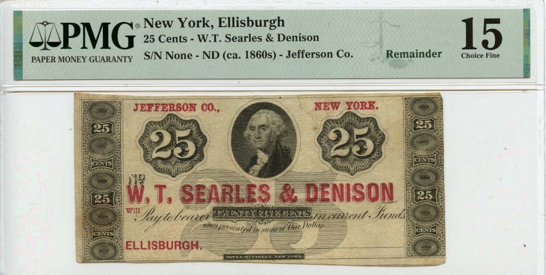 Ellisburgh New York 25 Cent Obsolete Currency Note PMG Certified F15 (1 of 2)
