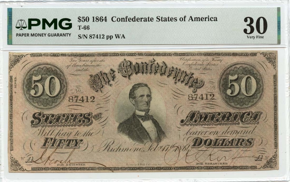 T-66 Confederate $50 Note 1864 PMG VF30 Certified (1 of 2)